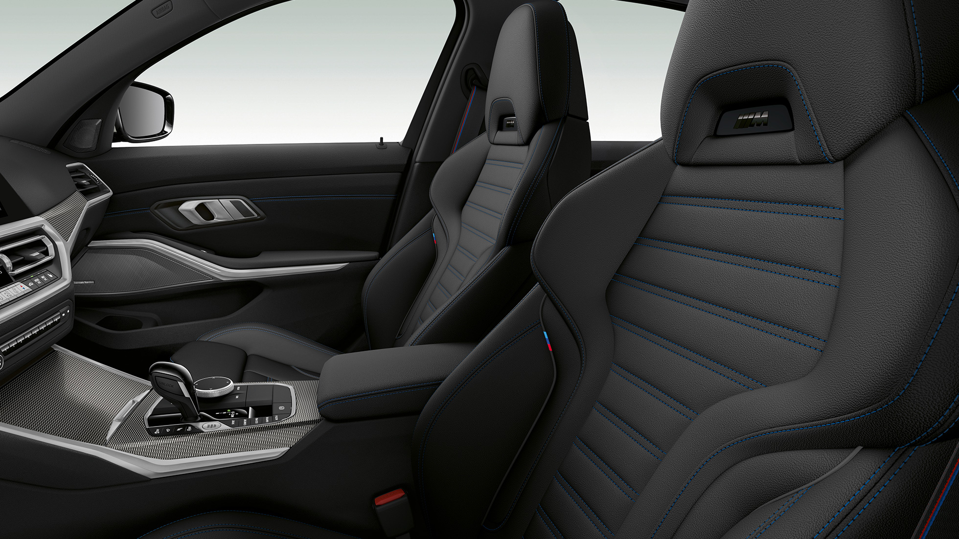 BMW 3 Series Sedan, Model M Sport front seats. Side close-up of the front seats of the BMW 3 Series Sedan with Model M Sport features.