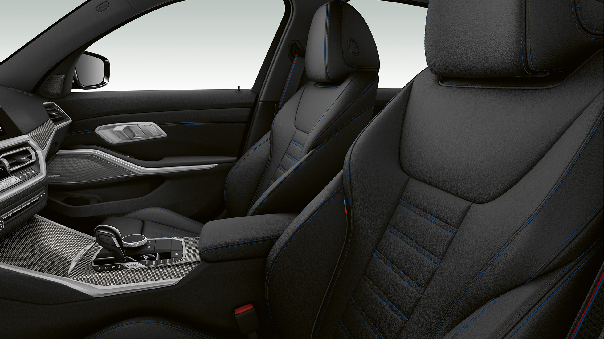 BMW 3 Series Sedan, M340i xDrive front seats. Side close-up of the front seats of the BMW 3 Series M340i xDrive Sedan.